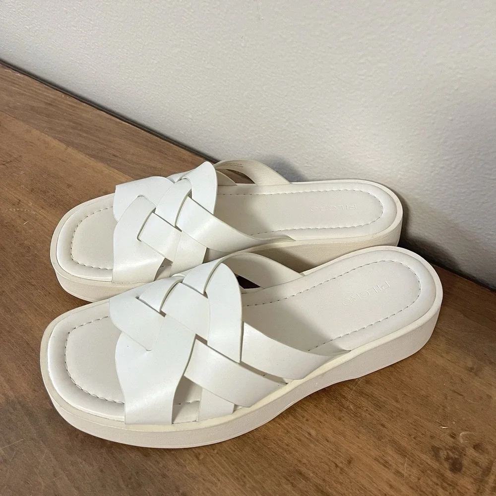 Pilcro Anthropologie Woven‎ Slides Cream Bride Wedding Beach 39 8.5 Minimalist